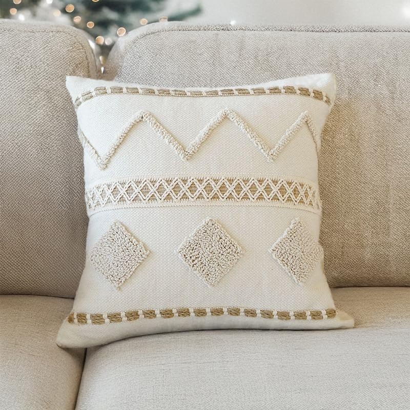 Handwoven Tufted Throw Pillow Cover with Tassels Boho Decorative Cushion Case for Couch Sofa Living Room Bedroom Home Decor - color: 1-002 Hand Woven Tufted Pillowcase
