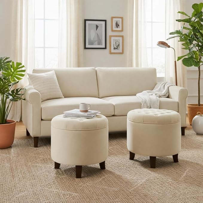 Homepop Home Decor | Upholstered Round Velvet Tufted Foot Rest Ottoman | Ottoman with Storage for Living Room & Bedroom | Decorative Home Furniture, Cream Small