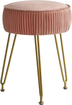IBUYKE Velvet Round Footrest Ottoman, Makeup Vanity Stool Side Table, Velvet Dressing Table Seat, Pouf Couch Stool, Golden Steel Legs, Pink LG-30P