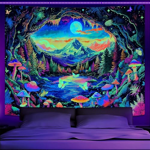 Zussun Blacklight Mushroom Forest Tapestry UV Reactive Nature Mountain Moon Butterfly Tapestry for Bedroom Aesthetic Landscape Small Tapestries Wall Hanging for Dorm Living Room Decor 60 x 44 Inch - color: Warm Yellow, size: 60"L x 44"W