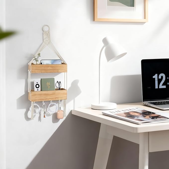 Mkono Macrame Hanging Shelf for Bedside Shelf Organizer with Hooks, Boho Wall Decor Cute Wood Floating Shelves for Girls Bedroom Dorm Nursery, Wall Storage for Phone, Remote, Earphone, Accessories