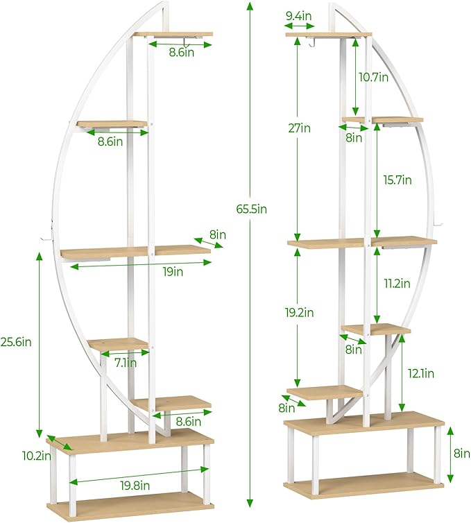 Plant Stand Shelf Rack Indoor with 6 Built in Grow Light, 7 Tiered 65" Tall White Large Lighted Half Moon Curved Plant Stand for Indoor Growing, 2 Pack Arch Sturdy High Herb Flower Shelving
