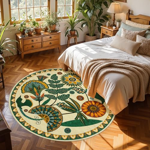 Joydeco Egypt Floral Boho Round Rugs 5FT, Washable Circle Playroom Bedroom Area Rug, Vintage Beige Non Slip Circular Throw Carpet for Living Room Nursery Dorm Classroom Dining Room - color: Beige, size: 5' (Round)