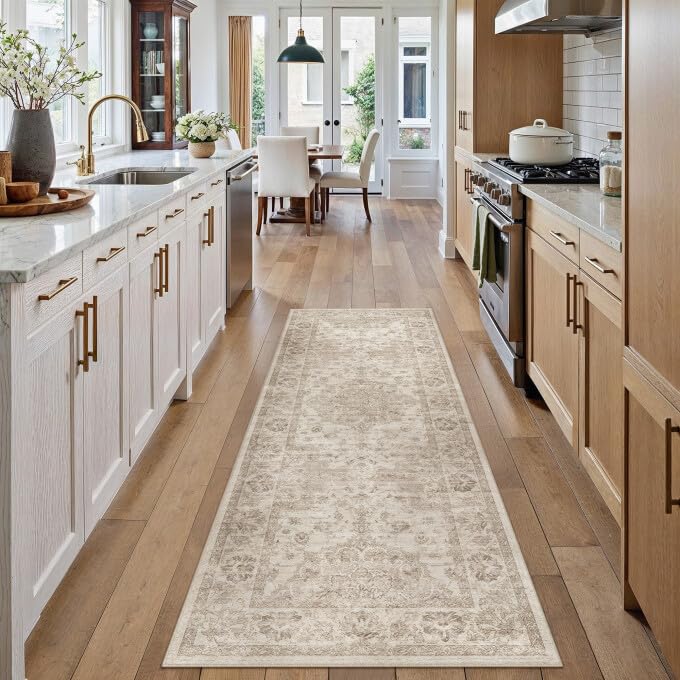 PureCozy Washable Runner Rug 2x6 for Hallway Beige Neutral Vintage Long Carpet Soft Low Pile Non Slip Throw Rug Floral Distressed Accent Rug for Entryway Bathroom Office Laundry Dining Room - color: Beige, size: 2' x 6' (Runner)
