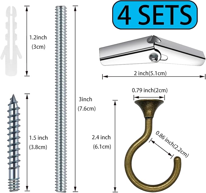 4 Sets Heavy Duty Swag Ceiling Hooks with Hardware for Hanging Plants, Cavity Wall Fixing, Easy Installation, Holds Up to 30lbs, Ideal for Home & Garden (4 Sets, Antique Brass)
