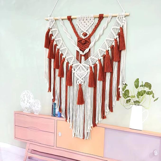HARWAVE Macrame Wall Hanging, Handmade Boho Woven Wall Hanging with Tassel, Wall Decor for Bedroom Living Room Nursery Apartment (Purplish Red)