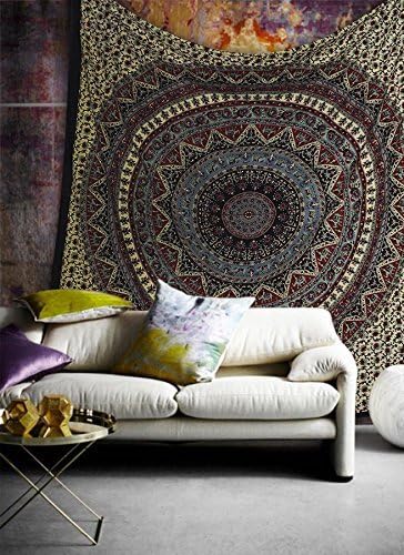 Popular Handicrafts Wall Hanging Tapestry For Bedroom Hippie Psychedelic Mandala Bohemian Hippy Intricate Floral Design Indian Tapestries Bedspread 84 x 90 Inches (215cm x 230cm) Light Green Red