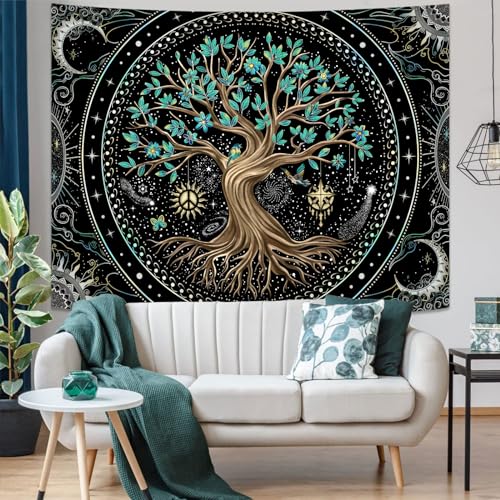 Lunerfex Tree of Life Tapastry Butterfly Moon Tapastry Flower Tree Tapestries Mandala Wall Hanging for Bedroom and Living Room Decor 36×48 Inches - color: Dark Green, size: 48"L x 36"W