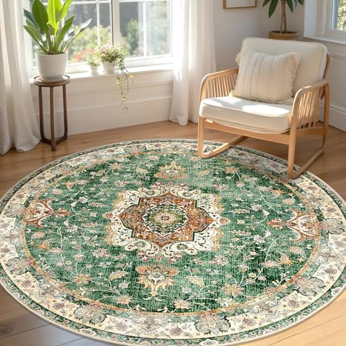 Green Round Rug 5ft, Circle Boho Area Rugs for Bedroom Living Room Bedside,Washable Vintage Bohemian Distressed Oriental Floral Carpet Non Slip,Retro Sage Floral - color: Green, size: 5'x5'