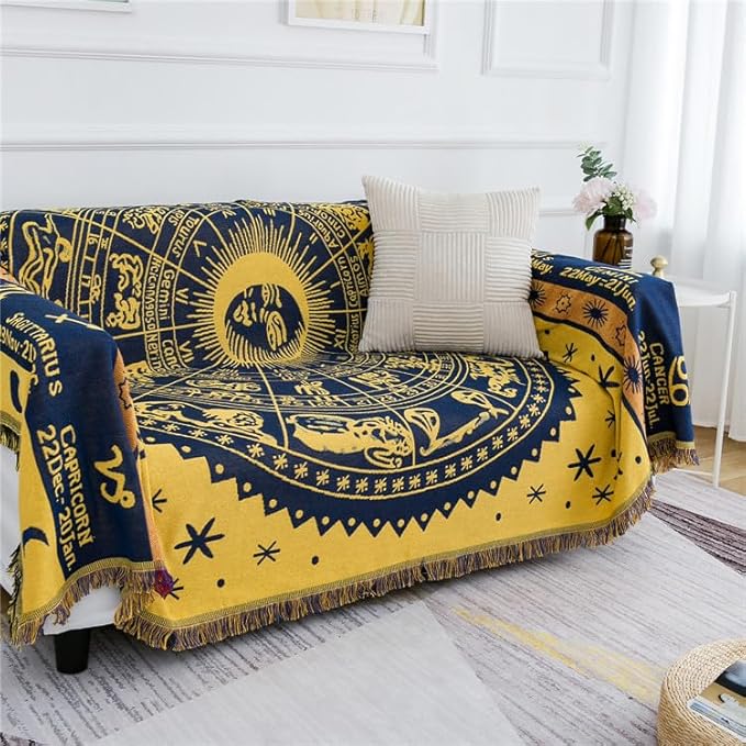 Boho Throw Blankets Woven Reversible Cotton Bohemian Tapestry Hippie Room Decor Witchy Astrology Zodiac Celestial Constellation Carpet Bed Recliner Chair Couch Sofa Cover Double Sided 70"x90"