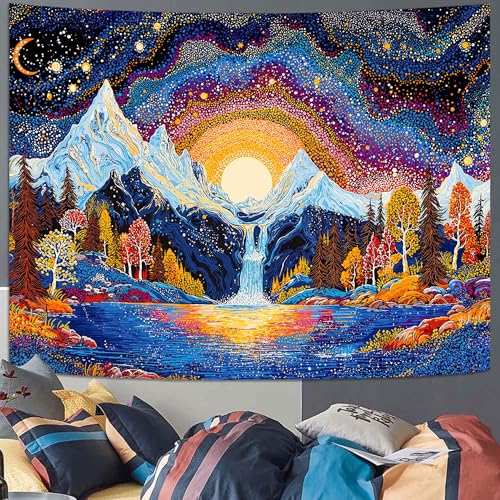Lunerfex Starry Mountain Waterfall Sunrise Wall Tapestry, Trippy Cosmic Landscape Tapestries for Room Decor, Vibrant Tapestry 80x60 Inch - color: Vibrant Gold Blue, size: 80"L x 60"W