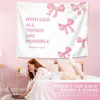LIANGW Coquette Pink Bow Christian Tapestry Aesthetic, Coquette Preppy Room Decor for Teen Girls & Women, Wall Tapestry for Bedroom, Bible Verses Tapestries Wall Hanging 50x60 inche