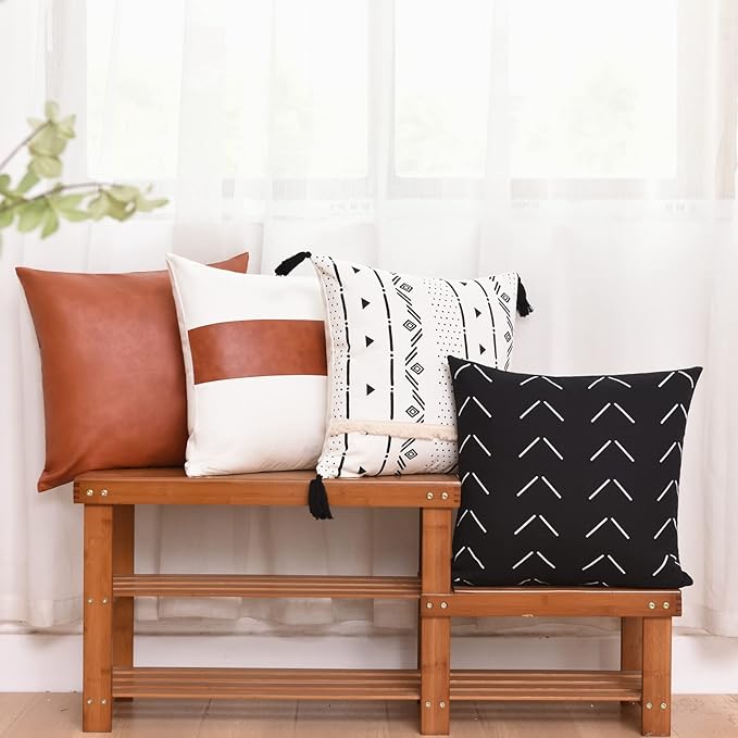 Tosewever Boho Geometric Throw Pillow Covers 18 x 18 Set of 4, Modern Stripe Farmhouse Decorative Faux Leather Cotton Pillowcase for Bedroom Living Room Couch Bed Sofa Home (Black/White, 18" x 18")