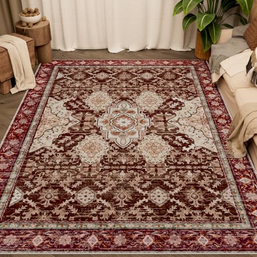 AMTOVO Area Rugs 5'x7' Washable Non-Slip, Vintage Boho Distressed Print Pattern Rugs for Living Room, Soft Low Pile Carpet for Bedroom Indoor Playroom Nursery Farmhouse Dining Room, Vintage Red - color: Vintage Red, size: 5' x 7' (Rectangular)