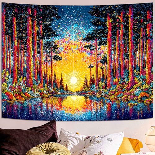 Spenlife Forest Lake Starburst Wall Tapestry, Trippy Sunrise Reflection Tapestries for Living Room Decor, Vibrant Tapestry 60x44 Inch - color: Orange Blue, size: 60"L x 44"W
