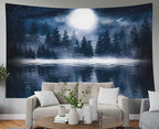 EMMTEEY Moon Tapestry - Dark Forest with Big Moon, Moonlight Smoke Shadow, Cold Night View, Night Sky - 60x40 Outdoor Wall Hanging