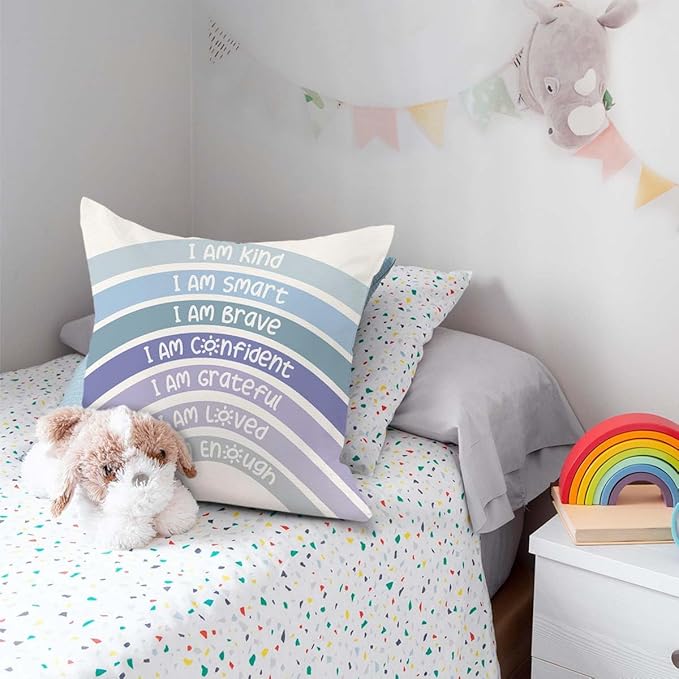 QIYUHOY Rainbow Classroom Throw Pillow Covers, Book Center Calming Corner Playroom Decor Pillow Case, Blue Pillow Cover, I Am Kind Smart Brave Confidence 18x18 Inch Pillowcase（Blue）