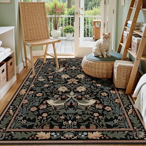 Boho Rug 3'x5',Washable Area Rugs for Bedroom Living Room Entryway Bedside,Small Farmhouse Bohemian Botanical Distressed Non Slip Carpet,Black Floral Bird - color: Black Floral Bird, size: 3'x5'