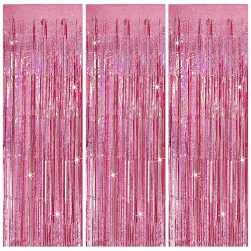 3 Pack Pink Backdrop Party Decorations Tinsel Curtain Party Backdrop Foil Fringe Birthday Decorations Photo Booth Streamer Backdrop Pink Theme Bachelorette Valentines Party Decorations - color: Light Pink