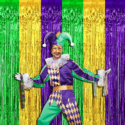 4 Pack Mardi Gras Foil Fringe Curtain Backdrop, 3.28Ft x 8.2Ft Gold Green Purple Metallic Tinsel Foil Fringe Streamers Curtains for Photo Booth, Wedding, Birthday, Carnival Party Decoration - color: Green,Purple