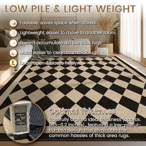 Washable Checkered Easy Jute Rug 5x7, Black Checkerboard Geometric Modern Outdoor Indoor Patio Large Rugs, Woven Thin Carpet Mat for Living Dining Room Bedroom Classroom Kids Nursery Play Room - color: Checkerboard -1 Black, size: 5' x 7'