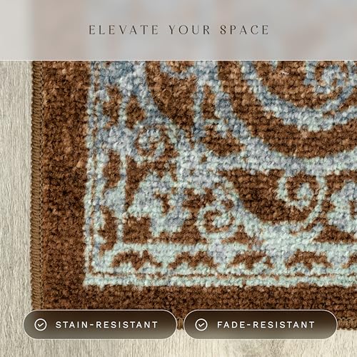 Maples Rugs Pelham Vintage Medallion Area Rugs - Made in USA - Washable, Non-Slip, Low Profile Indoor Rug for Entryway, Foyer, Kitchen, and Bathroom, 1'8 x 2'10, Blue/Walnut - color: Blue/Brown, size: 1'8" x 2'10" (Rectangular)