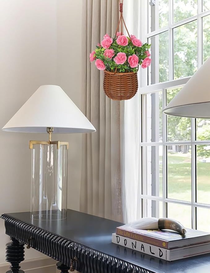 Artificial Rose Flowers with Hanging Woven Basket, Faux Blooming Roses in Fake Rattan Planter with Rope, Romantic Floral Arrangement for Home Wall Porch Patio Balcony Summer Wedding Decor, Light Pink