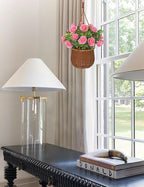 Artificial Rose Flowers with Hanging Woven Basket, Faux Blooming Roses in Fake Rattan Planter with Rope, Romantic Floral Arrangement for Home Wall Porch Patio Balcony Summer Wedding Decor, Light Pink