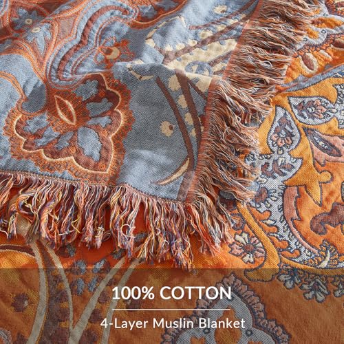 Bailix Boho Throw Blanket for Couch Sofa Bed, 100% Cotton Woven Quilt with Tassel 60”x80”, Super Soft Muslin Blanket with Floral Printed, Decorative Reversible Bed Blanket/Cover for All Seasons - color: G - Boho Floral, size: Twin-60" X 80"