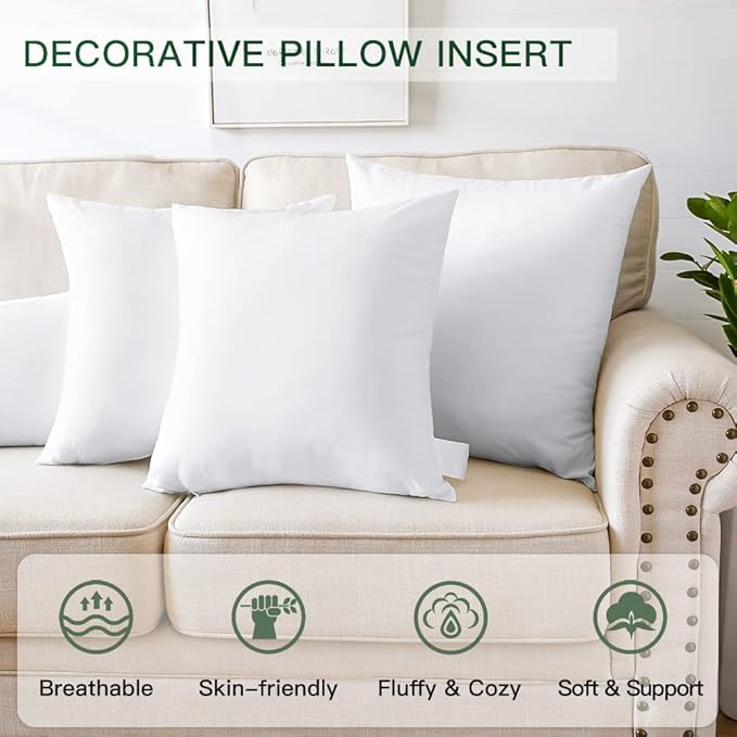 OTOSTAR Pack of 4 Throw Pillow Inserts, 16 x 16 Square Cushion Inner Soft Fluffy Plump Stuffer Cushion Pads White Decorative Pillow Inserts
