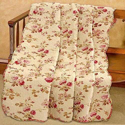 Cozy Line Home Fashions Creamy Vintage Rose Floral Printed Reversible 100% Cotton Quilted Throw Blanket 60" x 50" Machine Washable and Dryable(Vintage Floral) - color: Vintage Floral