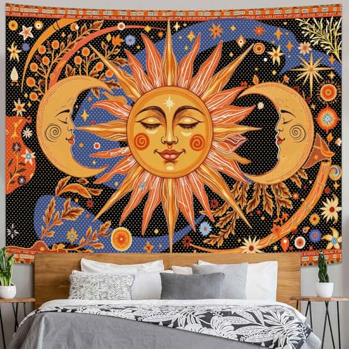 Kanuyee Celestial Sun and Moon Tapestry Nature Style Tapestry for Bedroom Celestial Starry Sky tapestries Wall Hanging Aesthetic Room Decor Smiling Sun and Crescent Moons 80"x60" - color: Orange Yellow, size: 80"L x 60"W