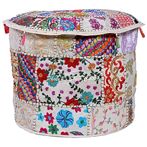 Indian Footstool Cotton Bohemian Decor Round Stool White Patchwork Embroidered Ottoman Pouf Cover Floral Tuffet Chair 45 cm Floor Cushion Ethnic Bean Bag Living Room - color: White