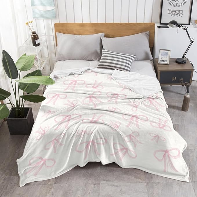 Pink Bows Blankets Preppy Coquette Room Decor Electric Blanket Pink Girls Bedroom Decor Bow Throw Blanket Coquette Girly Blanket Gifts for Women Teens Soft Flannel Lightweight 40"x50"