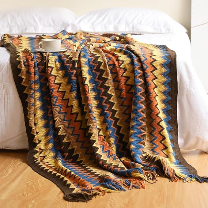 Boho Bohemian Throw Blanket for Couch Sofa Bed, Soft Cozy Lightweight Boho Blankets Knitted with Tassel, Decorative Blanket All Season 50x60 inches (Coffee)