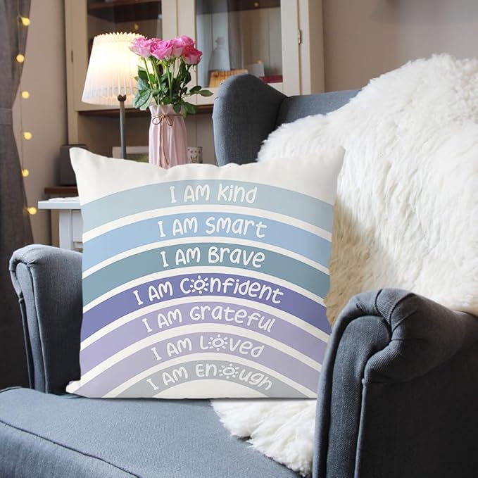 QIYUHOY Rainbow Classroom Throw Pillow Covers, Book Center Calming Corner Playroom Decor Pillow Case, Blue Pillow Cover, I Am Kind Smart Brave Confidence 18x18 Inch Pillowcase（Blue）