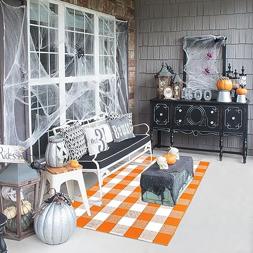 Bottalive Buffalo Plaid Outdoor Rugs, 3'x5' Orange and White Checkered Indoor/Outdoor Area Rug, Layering Rug for Hello/Welcome Door Mat, Washable Cotton Woven Farmhouse Mat for Fall Front Porch Décor - color: Orange and White Plaid, size: 3' x 5' (Rectang