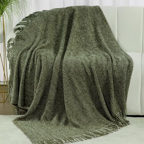 Blagic Knitted Throw Blanket for Couch, Soft Farmhouse Throw Blanket with Tassels,Home Decorative Lightweight Blankets,Spring Throws for Bed/Chair/Sofa,Wheat Textured (Green & White,60" W x 80" L) - color: Green & White, size: 60 × 80 in