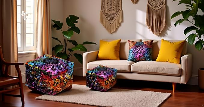CRAFT KALA Square Mandala Floor Pillow Cushion Cover Seating Throw Cover Hippie Decorative Bohemian Ottoman Cover Poufs Pom Pillow Cases Boho Cotton Living Room Home Décor 16X16X14 inches, Multi Star