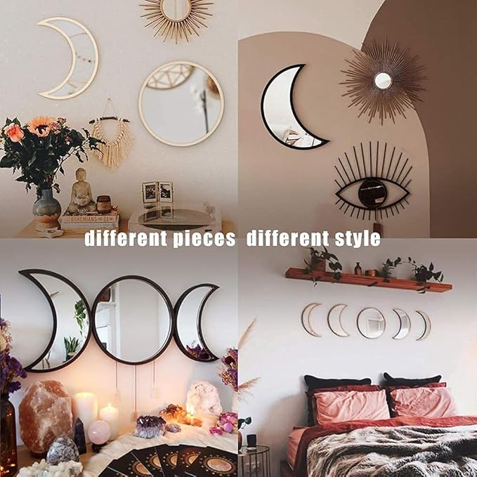 MAXROCK Scandinavian Natural Decor Acrylic Moonphase Mirrors, Moon Phase Mirror Set, Bohemian Wall Decoration for Living Room Bedroom（Not Actual Mirror)
