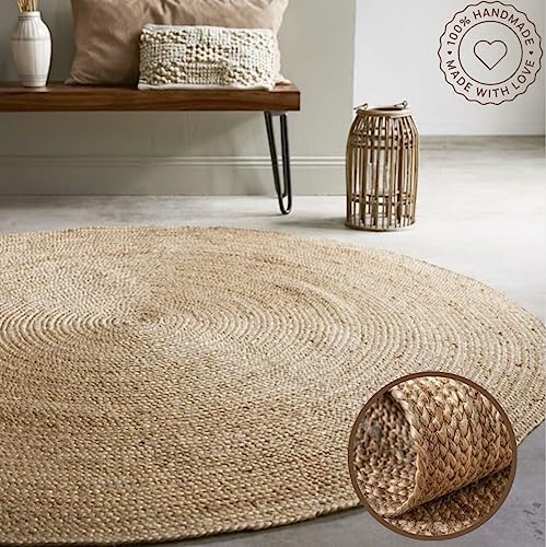 FRELISH DECOR Handwoven Jute Area Rug - 10 feet Round - Natural Yarn - Rustic Vintage Beige Braided Reversible Rug - Eco Friendly Rugs for Bedroom - Kitchen - Living Room - Farmhouse (10' Round) - color: Natural, size: 10' (Round)