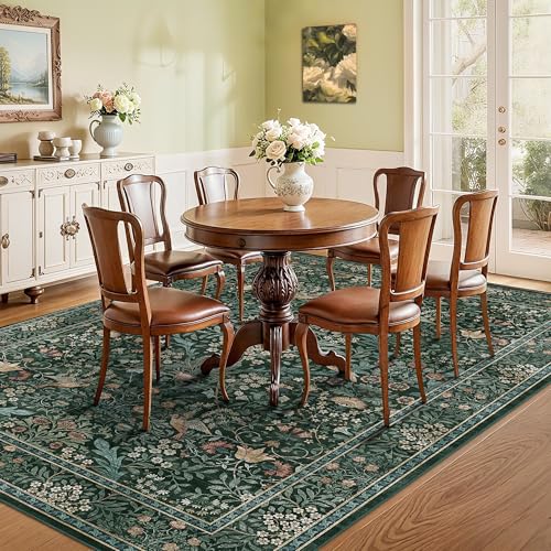 6x9 Floral Washable Area Rug for Living Room, Vintage Boho Rugs for Bedroom Dining Room, Botanical Birds Non Slip Low Pile Forest Throw Carpet for Farmhouse Office, Retro Green/Blue - color: Dark Green (Larger Pattern), size: 6' x 9' (Rectangular)