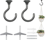 2 Sets Heavy Duty Swag Ceiling Hooks with Hardware for Hanging Plants, Cavity Wall Fixing, Easy Installation, Holds Up to 30lbs, Ideal for Home & Garden (2 Sets, Black Nickel)