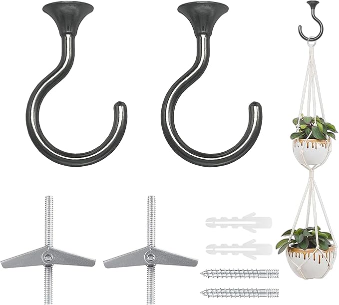 2 Sets Heavy Duty Swag Ceiling Hooks with Hardware for Hanging Plants, Cavity Wall Fixing, Easy Installation, Holds Up to 30lbs, Ideal for Home & Garden (2 Sets, Black Nickel)