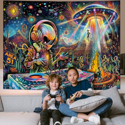 Galoker Blacklight Alien UFO Tapestry Trippy Galaxy Planet Tapestry UV Reactive Funny DJ Music Wall Tapestries Plant Cactus Tapestries Wall Hanging for Home Decor(70.8"x92.5") - size: 92.5"L x 70.8"W
