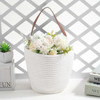 7.1 x 9.8 x 4.7 Inch Hanging Woven Basket Cotton Wall Basket with Handle White Rope Multifunction Macrame Closet Shelf Organizing Storage Wall Mounted Bin for Kitchen Room Fruit Plants Towels