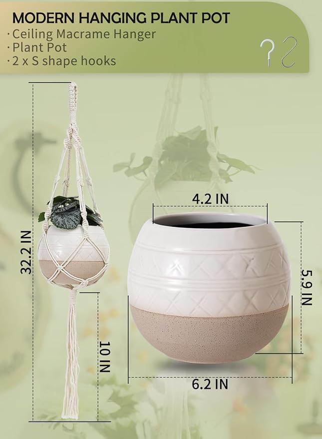 TAMAYKIM 6 Inch Ceramic Hanging Plant Pot with Macrame Plant Hanger, Drum Shape Small Flower Planter for Indoor Outdoor, Balcony Garden Decor, White with Beige