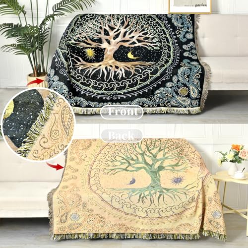 Boho Throw Blanket Reversible Cotton Bohemian Tapestry Hippie Room Decor Outdoor Blanket Double Sided (Boho Tree 50"x60") - color: Boho Tree, size: 50*60 inch