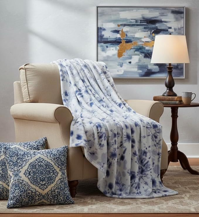 Serafina Home Bohemian Fleece Throw Blanket: Boho Velvety Soft Tie Dye Design, Purple Blue White, 50" x 70" (Tie Dye)