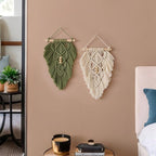 Jditngp 2PCS Hand Woven Leaf Wall Hanging,Leaf Tapestry Wall Hanging,Nordic Room Wall Feather Ornament,Boho Woven Tapestry Bohemian Home Decor for Living Room Bedroom or Entryway Wall Art Green White